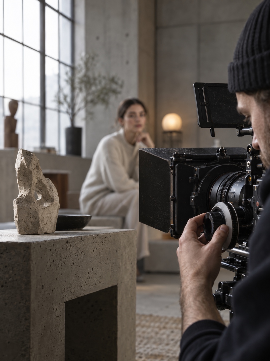 Manual rack-focus rehearsal Focus puller's hand on a lens ring with a sharp foreground object and softly blurred face behind it. | Sky Rye Design Focus puller's hand on a lens ring with a sharp foreground object and softly blurred face behind it.