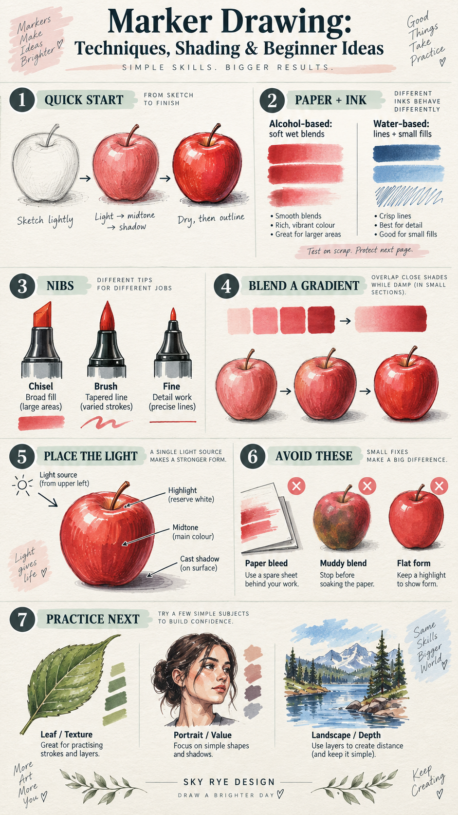 Marker Drawing Techniques Infographic Marker drawing infographic showing light-to-dark apple shading, ink and paper choices, nibs, blending, common mistakes, and practice ideas | Sky Rye Design Marker drawing infographic showing light-to-dark apple shading, ink and paper choices, nibs, blending, common mistakes, and practice ideas
