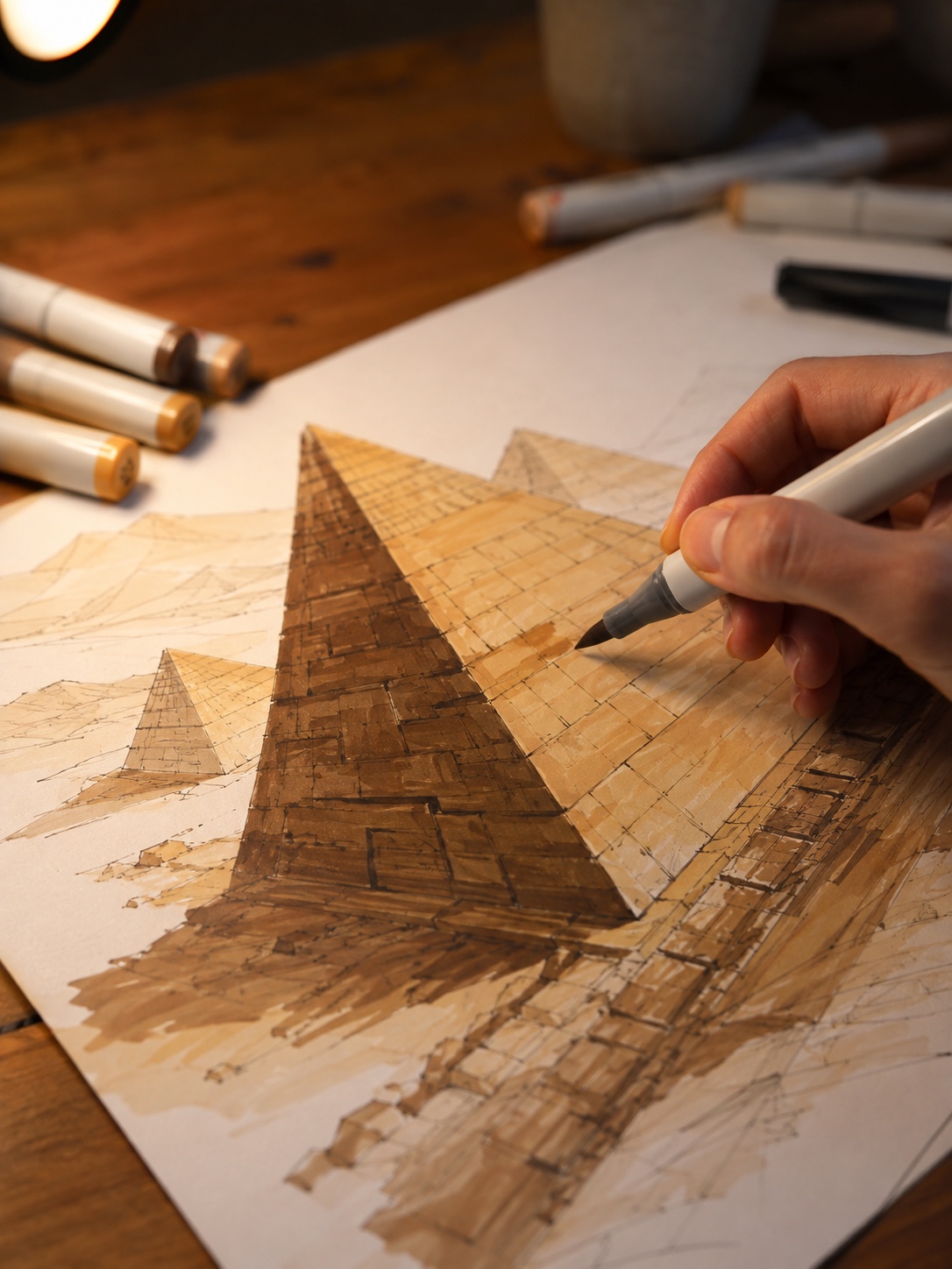 Marker Pyramid Shading Technique Hand layering tan and umber marker tones onto a pyramid sketch. | Sky Rye Design Hand layering tan and umber marker tones onto a pyramid sketch.