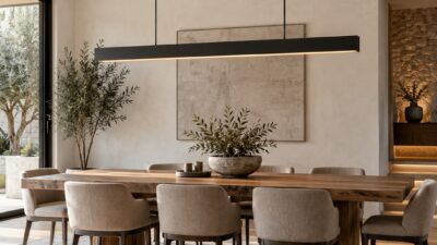 Modern dining room with a matte black linear pendant against a white plaster ceiling