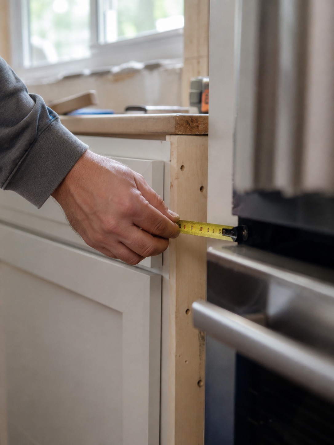 Measuring kitchen cabinet clearance hand measuring kitchen cabinet clearance during a renovation | Sky Rye Design hand measuring kitchen cabinet clearance during a renovation