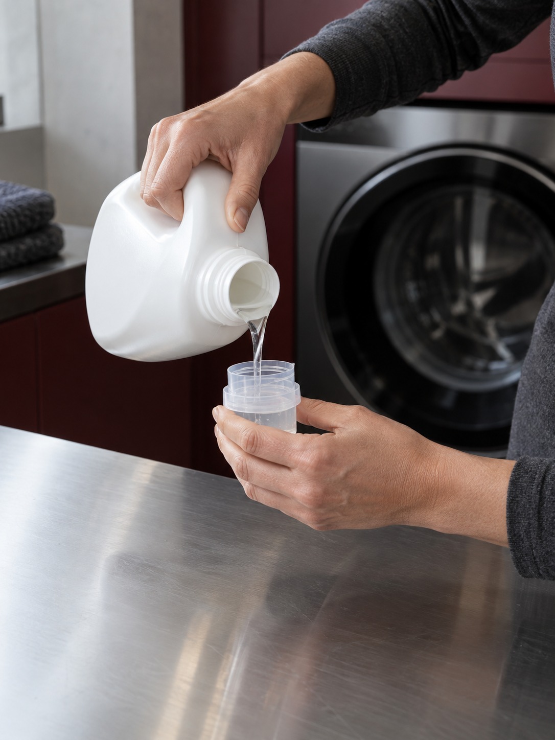 Measuring detergent Hands measuring clear laundry detergent into a dosing cap over a steel counter | Sky Rye Design Hands measuring clear laundry detergent into a dosing cap over a steel counter