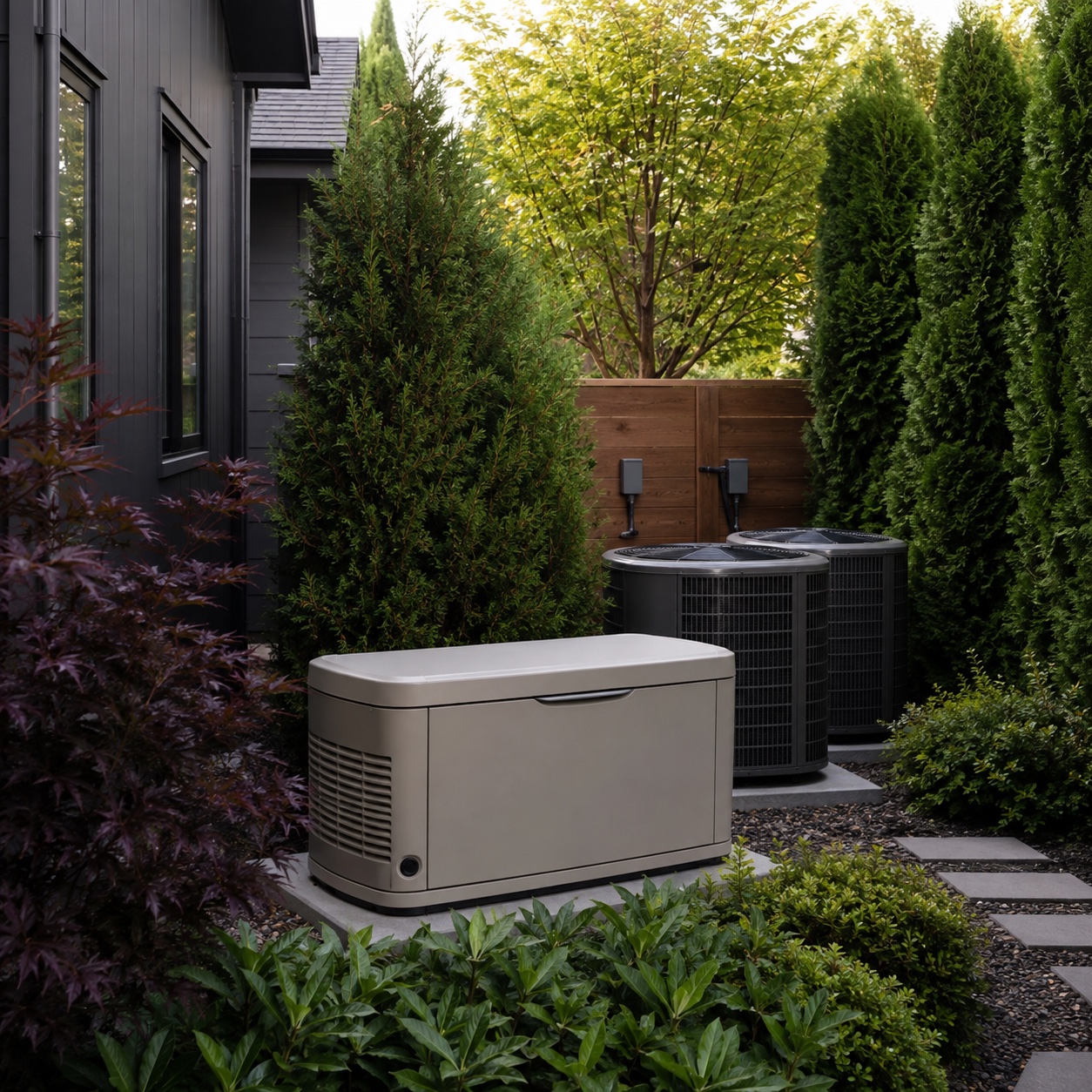 Mechanical Equipment Zone With Generator and HVAC Generator and HVAC condensers integrated into a landscaped side-yard mechanical zone. | Sky Rye Design Generator and HVAC condensers integrated into a landscaped side-yard mechanical zone.