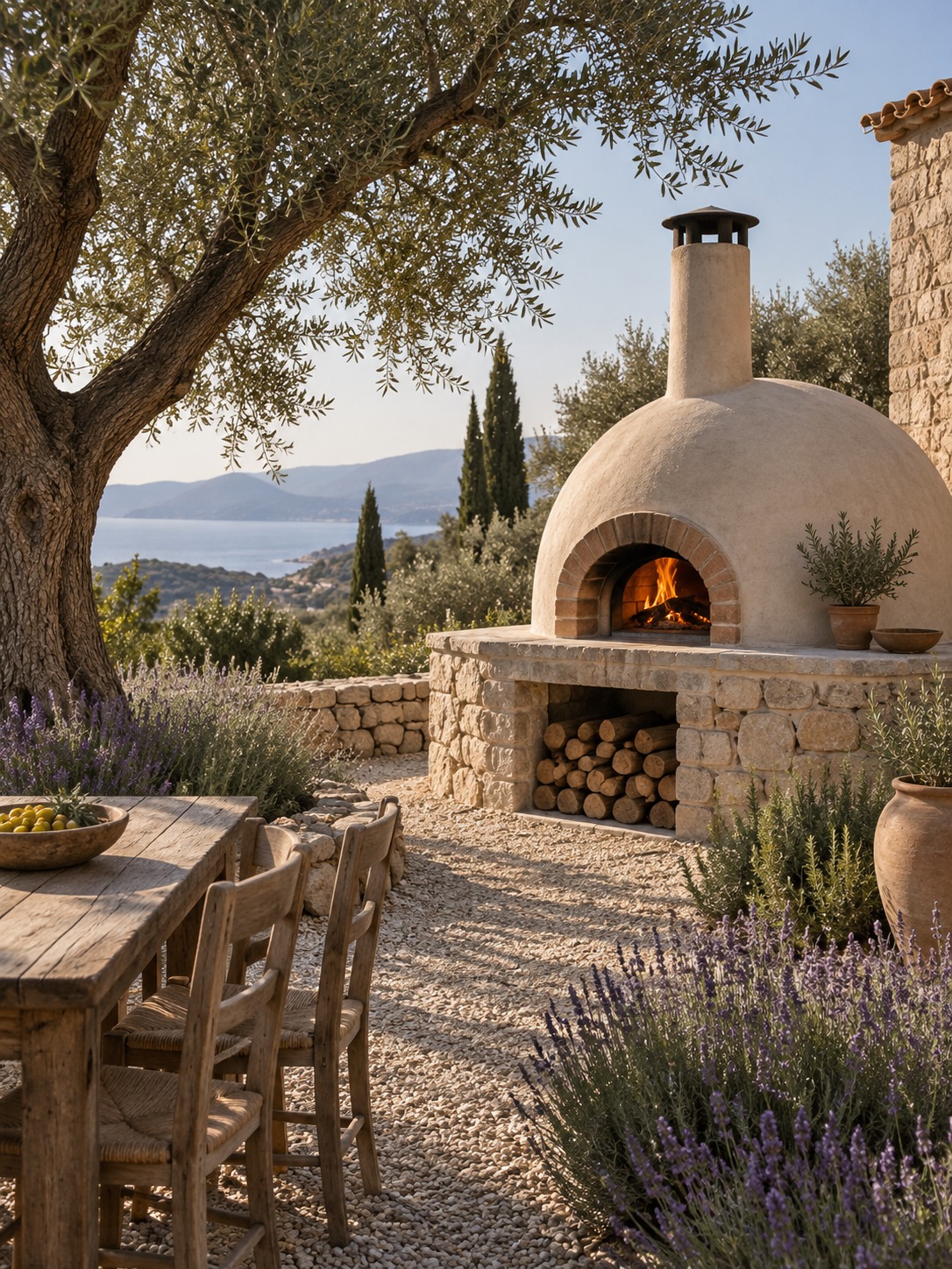 Mediterranean pizza oven olive lavender Rendered oven on a gravel terrace with olive trees and lavender | Sky Rye Design Rendered oven on a gravel terrace with olive trees and lavender