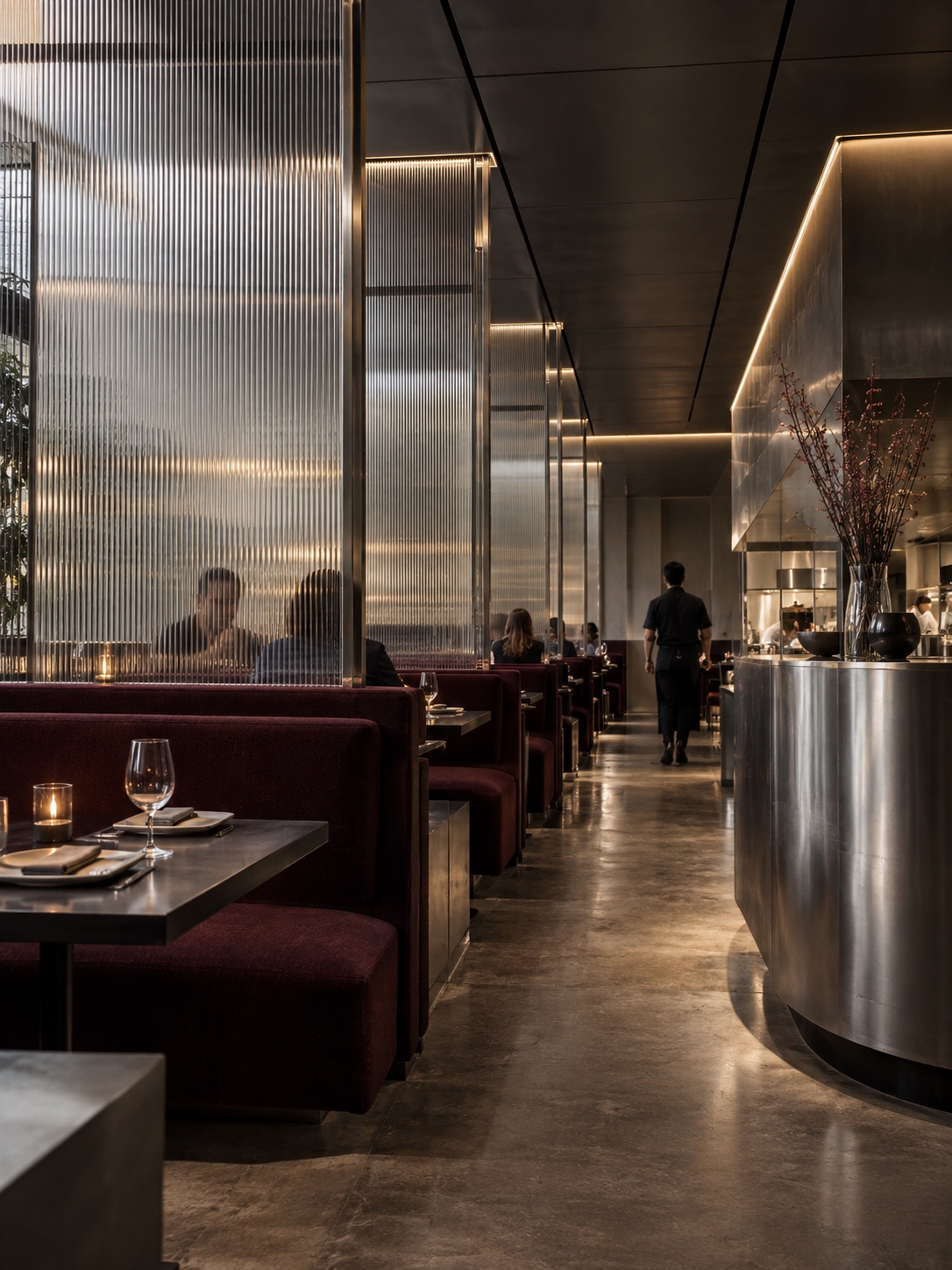 Metal and Glass Luxury Restaurant Interior Futuristic ultra-modern restaurant interior with brushed aluminum, glass and burgundy seating | Sky Rye Design Futuristic ultra-modern restaurant interior with brushed aluminum, glass and burgundy seating
