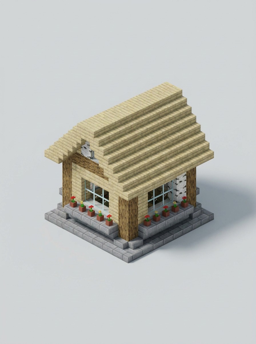 Bright birch woodland cottage with flower pots beneath the windows.