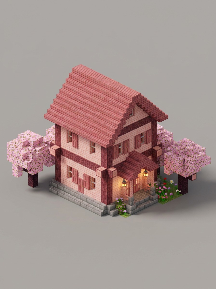 Cherry blossom cottage with cherry wood walls, stone foundation, and lanterns.