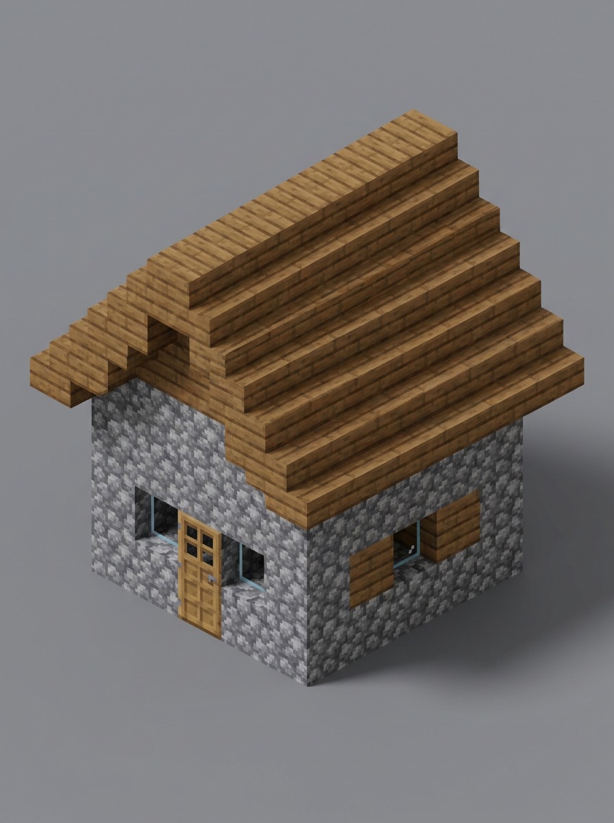 Isometric cobblestone starter base with an oak roof, door, and two windows.