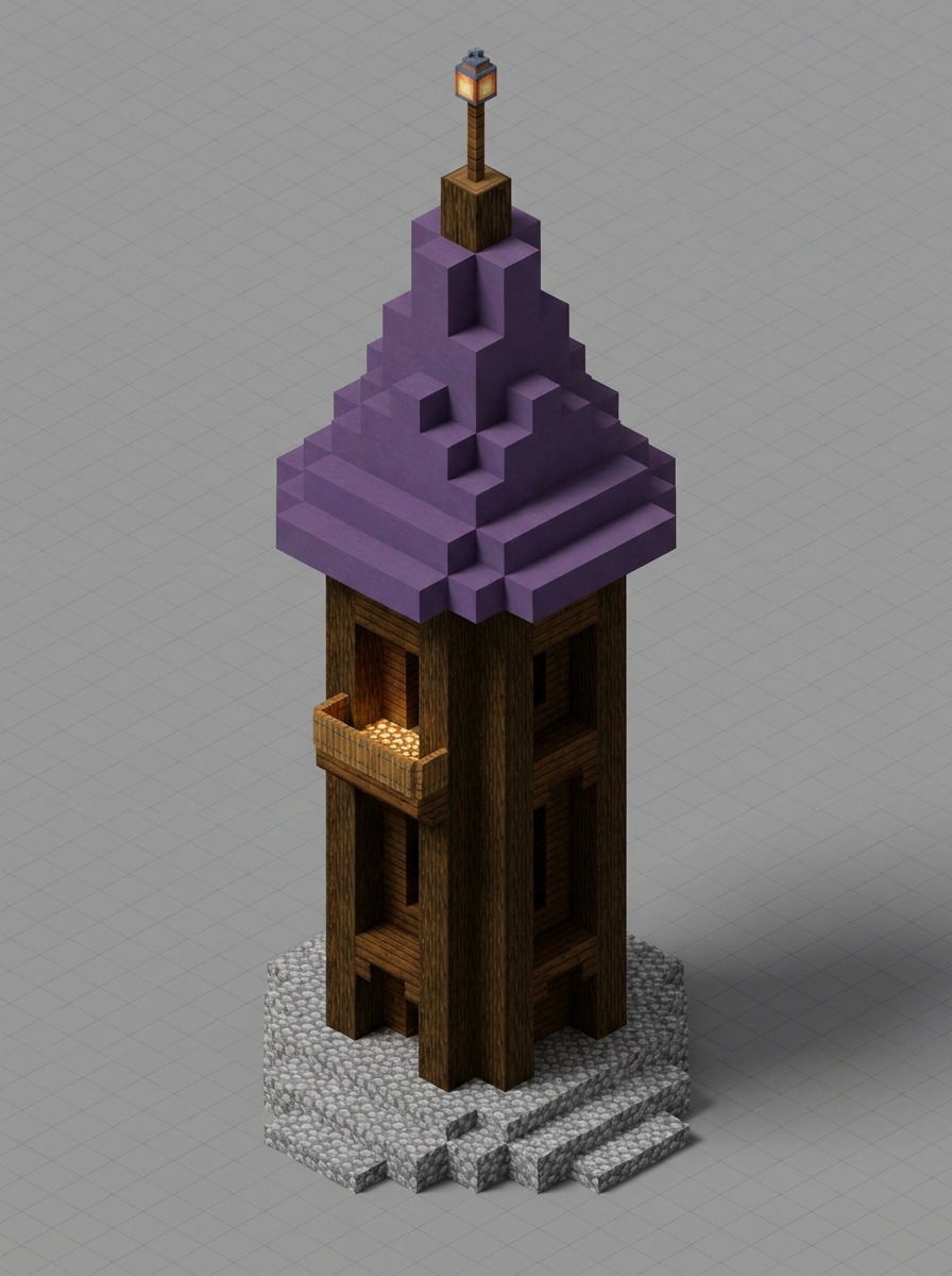 Dark oak wizard tower with a tall purple roof and lantern-lit balcony.