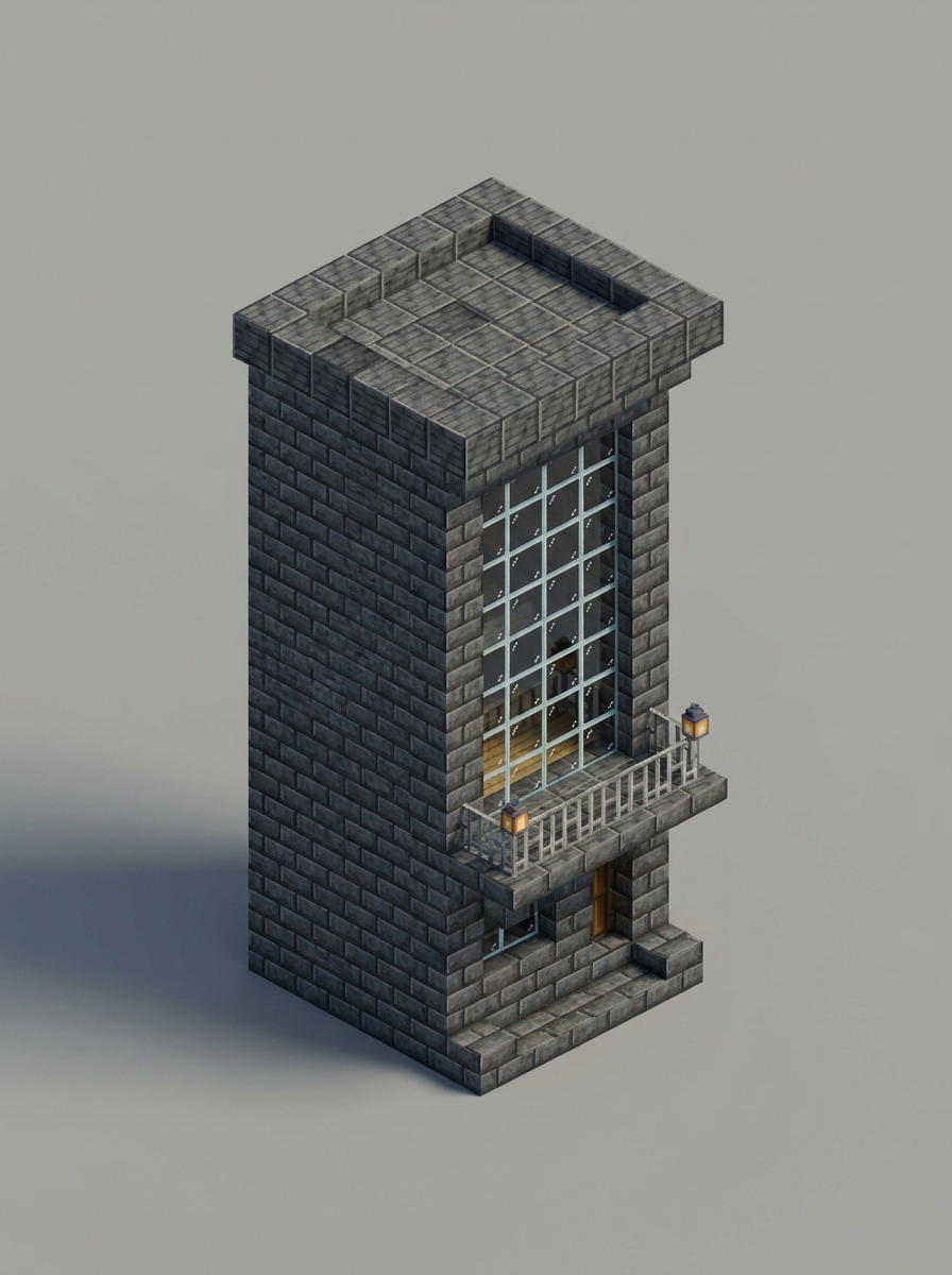 Tall deepslate urban loft with a recessed glass wall and iron balcony.