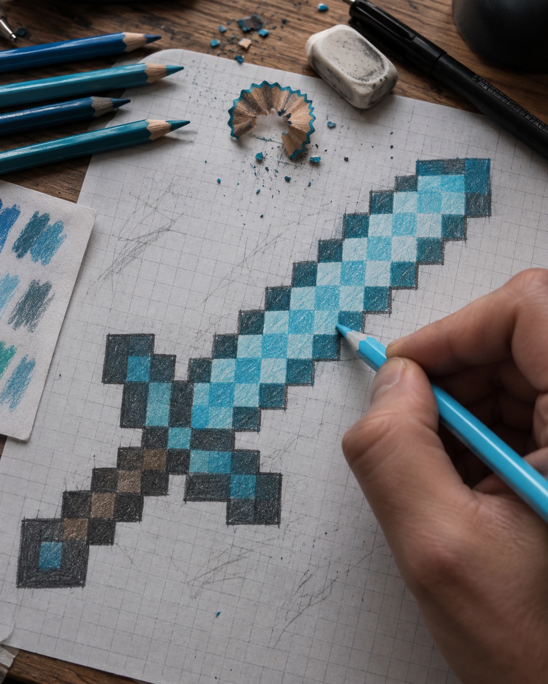 Minecraft diamond sword coloring pixel art stage diamond sword pixel art coloring stage with cyan pencil shading | Sky Rye Design diamond sword pixel art coloring stage with cyan pencil shading