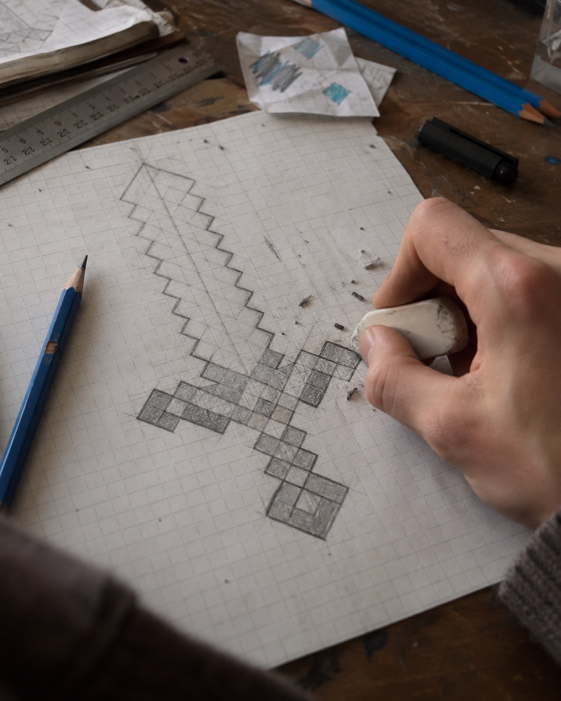 Minecraft diamond sword correction with eraser how to draw a minecraft sword correction stage with eraser and faint grid marks | Sky Rye Design how to draw a minecraft sword correction stage with eraser and faint grid marks