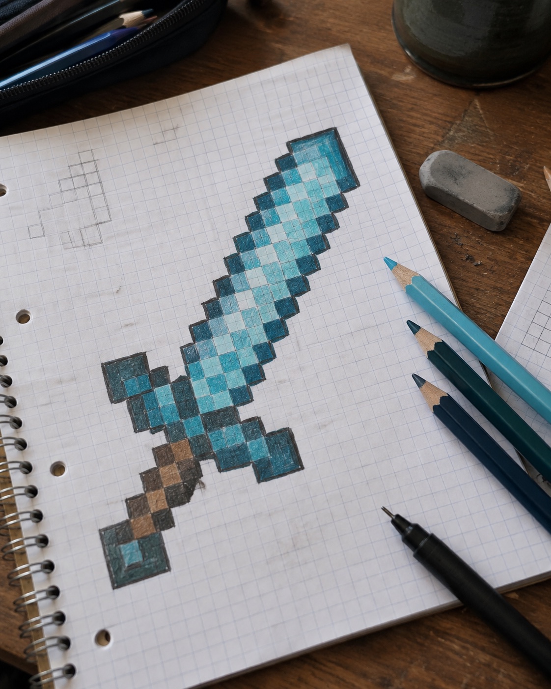 Finished Minecraft diamond sword drawing in colored pencil finished minecraft diamond sword drawing with blue pixel blade on graph paper | Sky Rye Design finished minecraft diamond sword drawing with blue pixel blade on graph paper