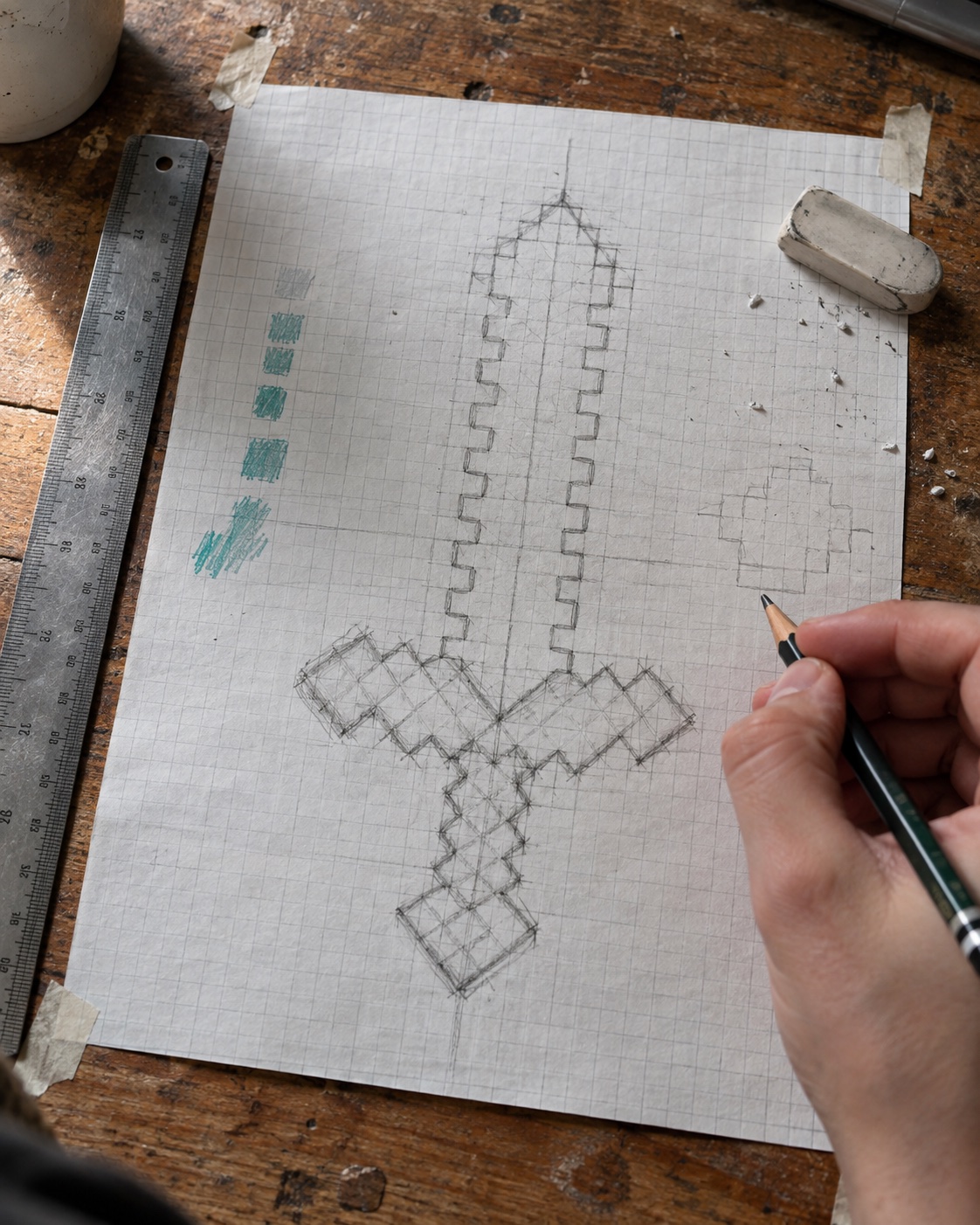 Minecraft diamond sword grid outline drawing minecraft diamond sword grid outline with centerline and square pixel guides | Sky Rye Design minecraft diamond sword grid outline with centerline and square pixel guides