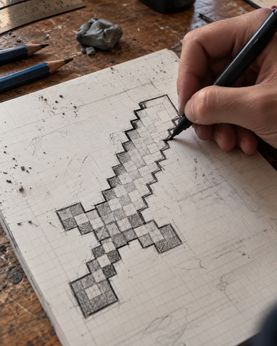 Minecraft sword outline inking process minecraft sword outline being inked over pencil grid drawing | Sky Rye Design minecraft sword outline being inked over pencil grid drawing