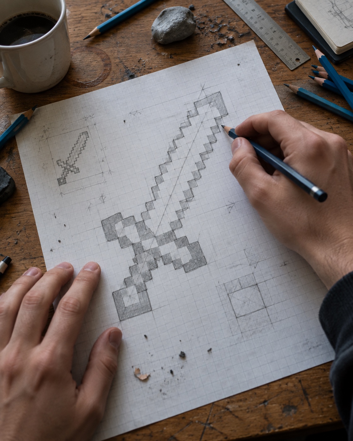 Minecraft diamond sword sketch hands on grid paper minecraft diamond sword sketch on graph paper with artist hands and pencil | Sky Rye Design minecraft diamond sword sketch on graph paper with artist hands and pencil