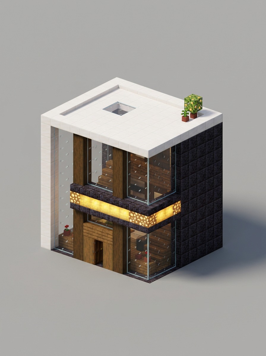 Modern blackstone cube house with a glass facade and quartz slab roof.
