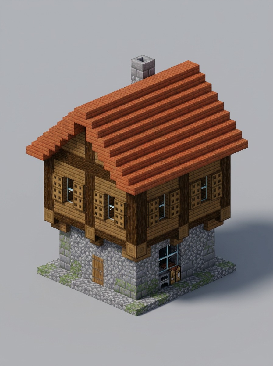 Half-timbered village house with a stone ground floor and spruce roof.