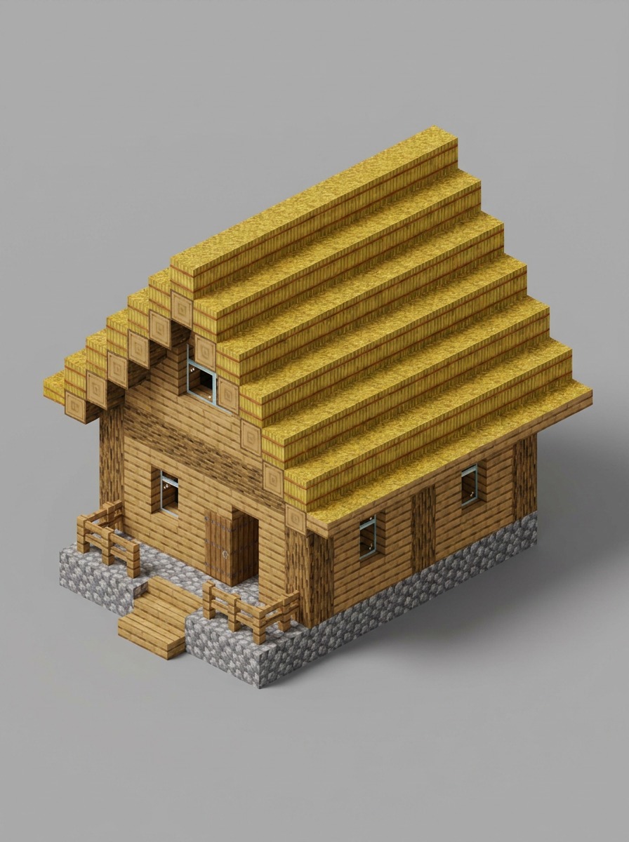 Minecraft farmhouse with oak timber framing and a hay bale roof.