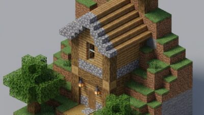 Minecraft hillside dugout with a framed oak and cobblestone entrance.
