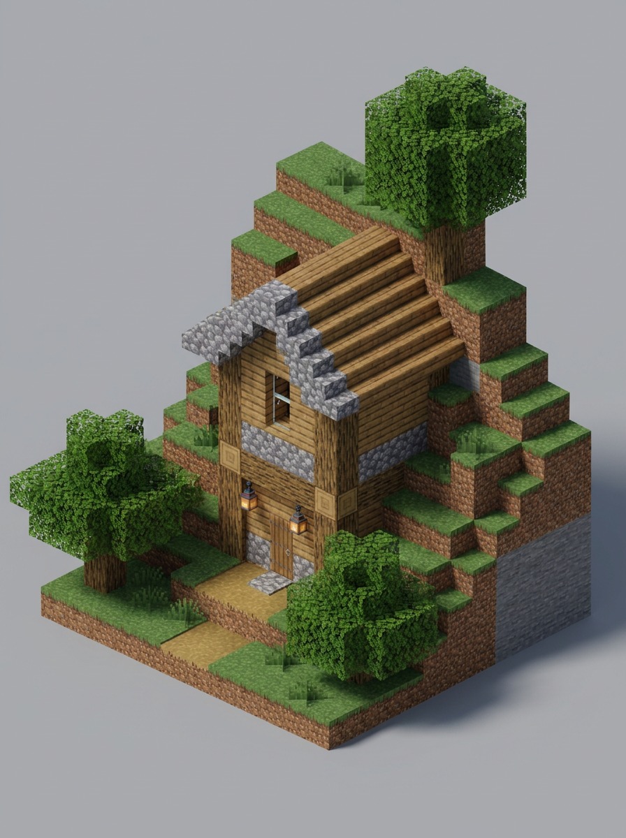 Minecraft hillside dugout with a framed oak and cobblestone entrance.