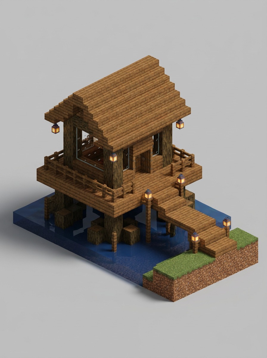 Mangrove stilt house raised over swamp water with a plank walkway.