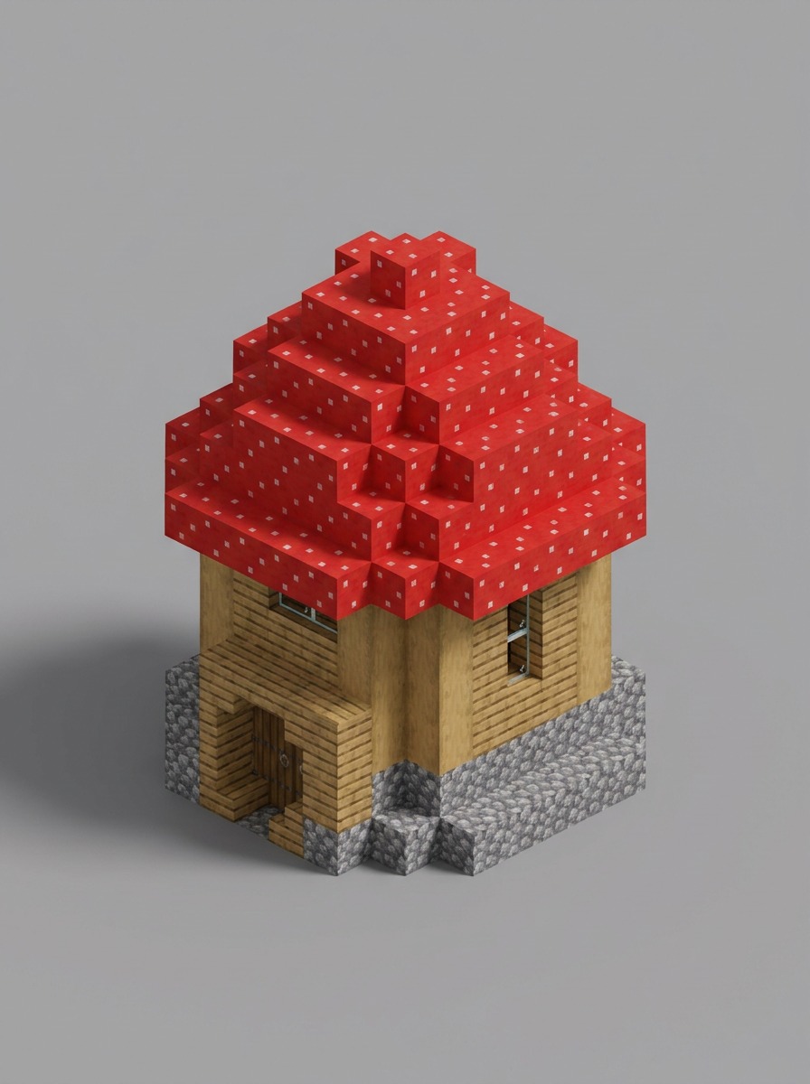 Small oak cottage with a domed red mushroom-block roof.