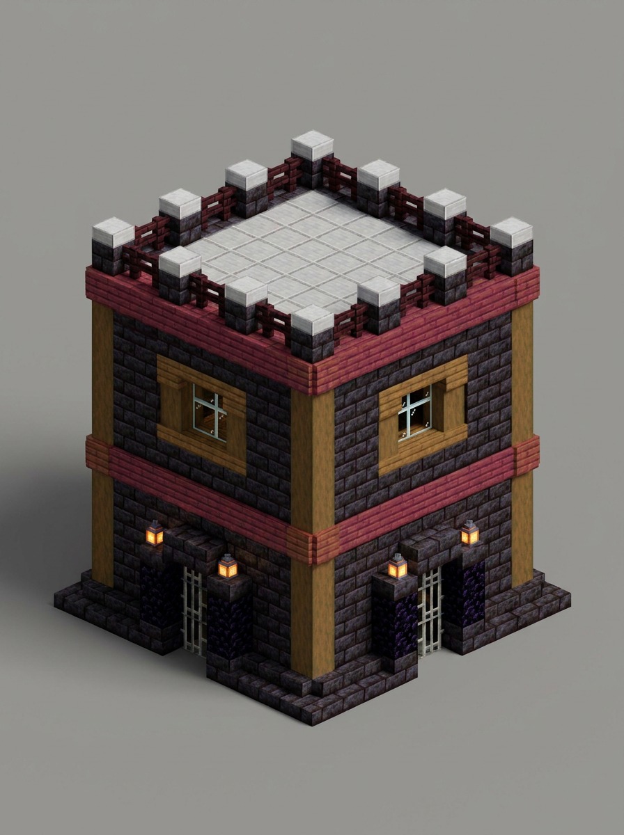 Nether brick fortress house with red banding, parapets, and glowing entrances.