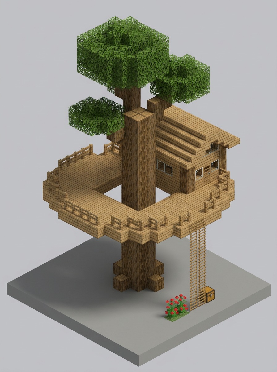 Oak treehouse built around a large trunk with railings and ladder access.