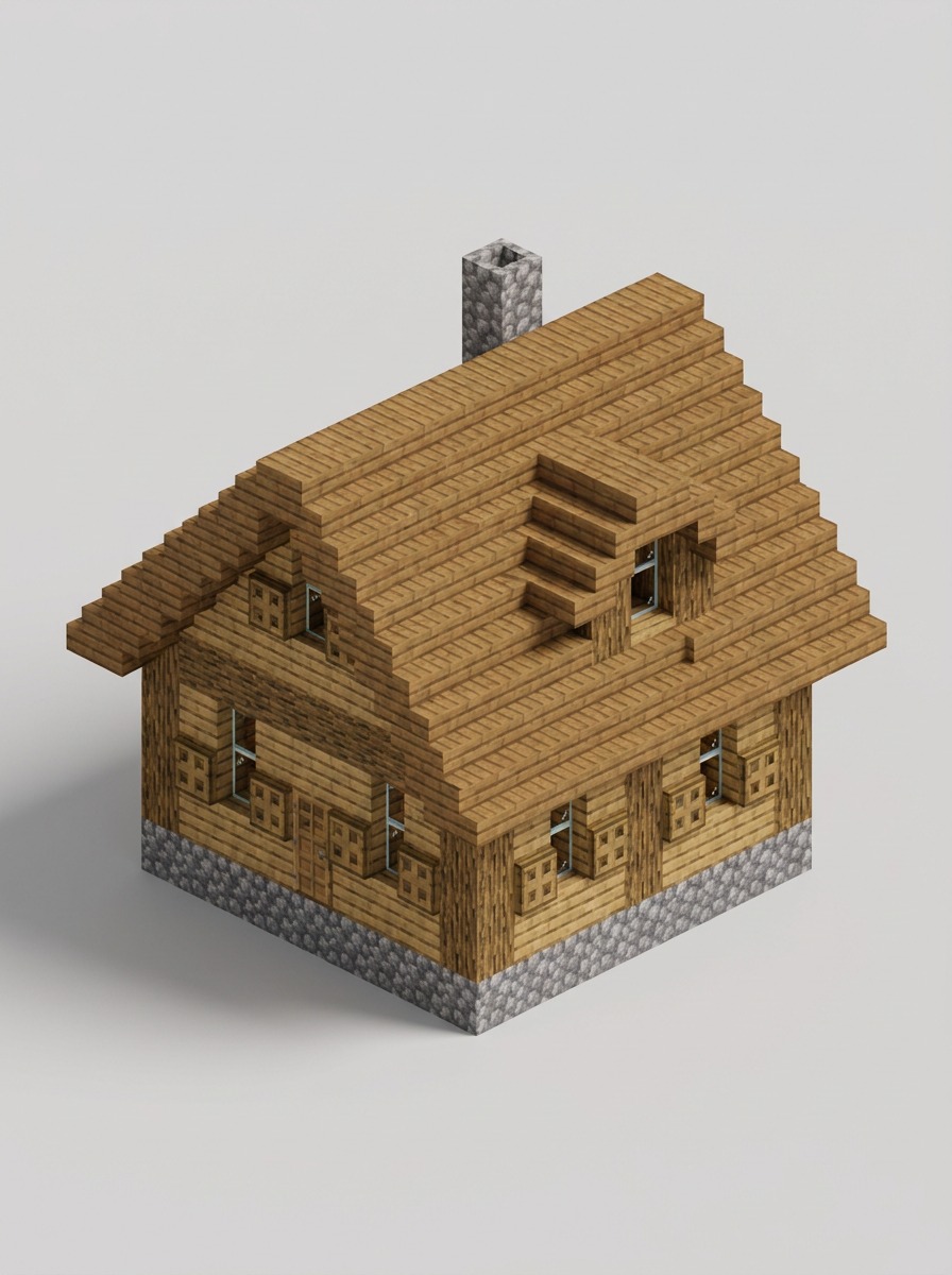 Isometric Minecraft oak log cabin with a steep stair roof and cobblestone foundation.