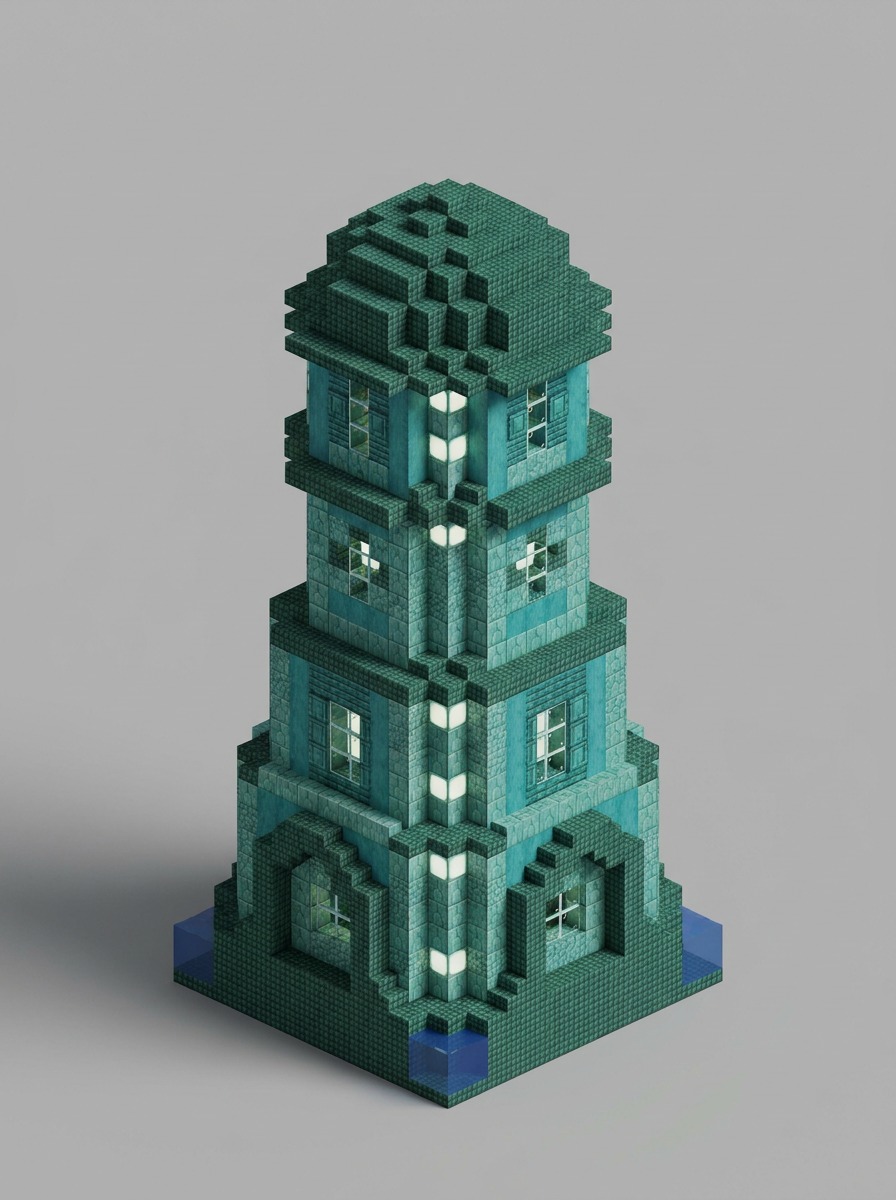 Prismarine sea tower with embedded lanterns and a dark domed roof.