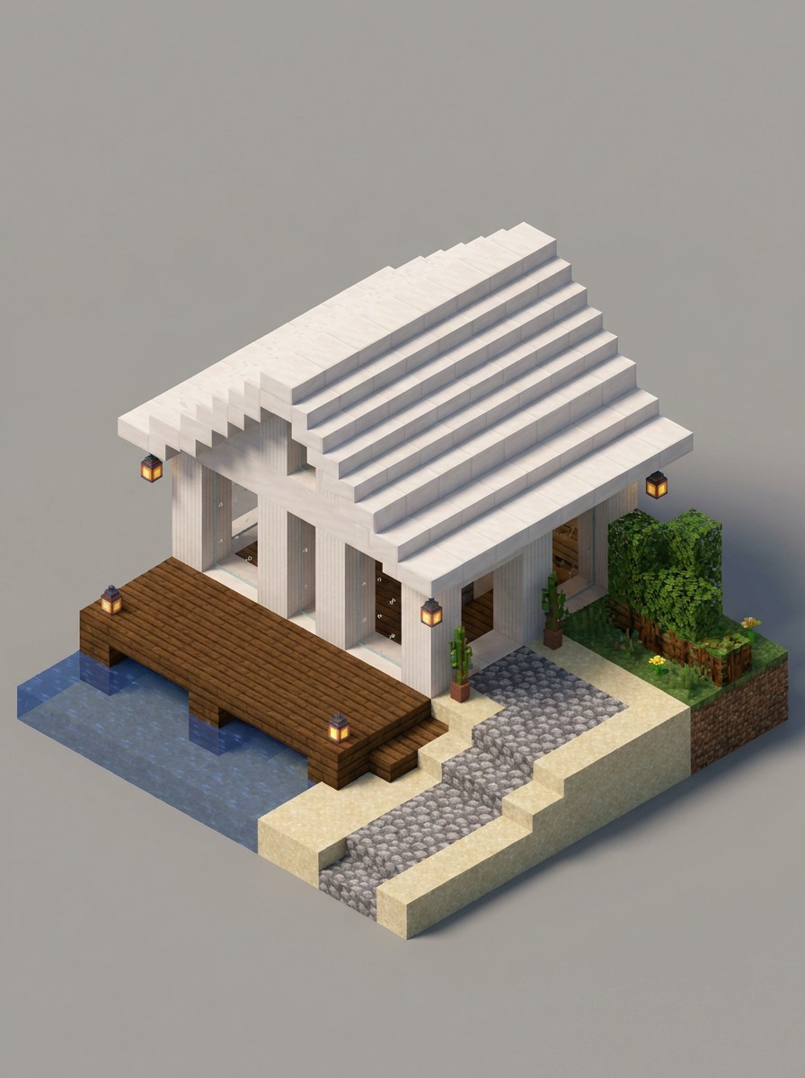 Low quartz coastal villa with a dark oak deck and broad glass openings.