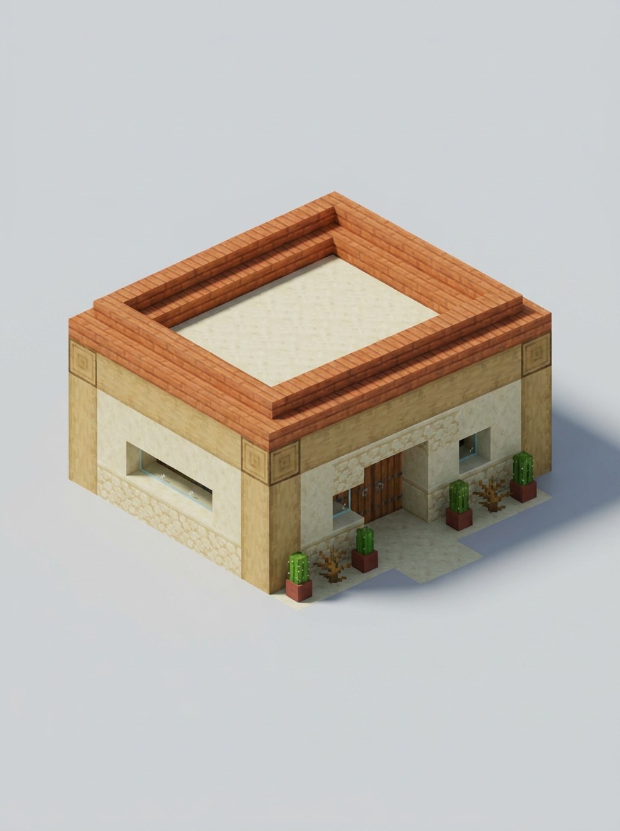Low sandstone desert bunker with a flat roof, parapet, and narrow windows.