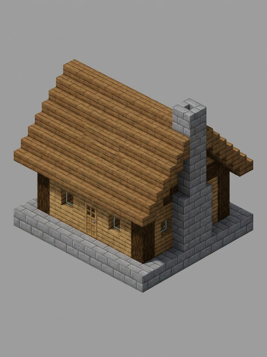 Spruce taiga cabin on a stone plinth with a steep roof and chimney.
