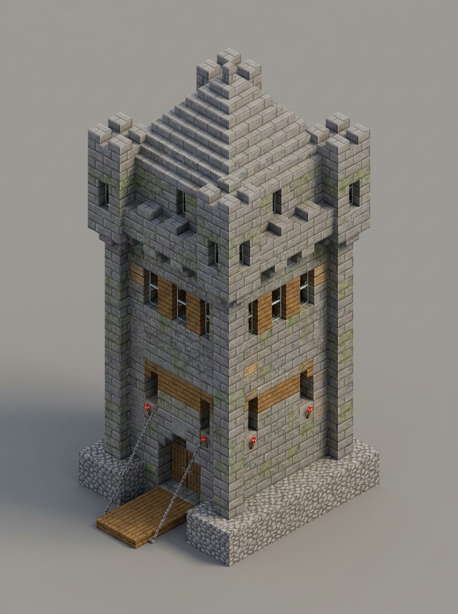 Stone brick keep with battlements, aged masonry, and arrow-slit windows.