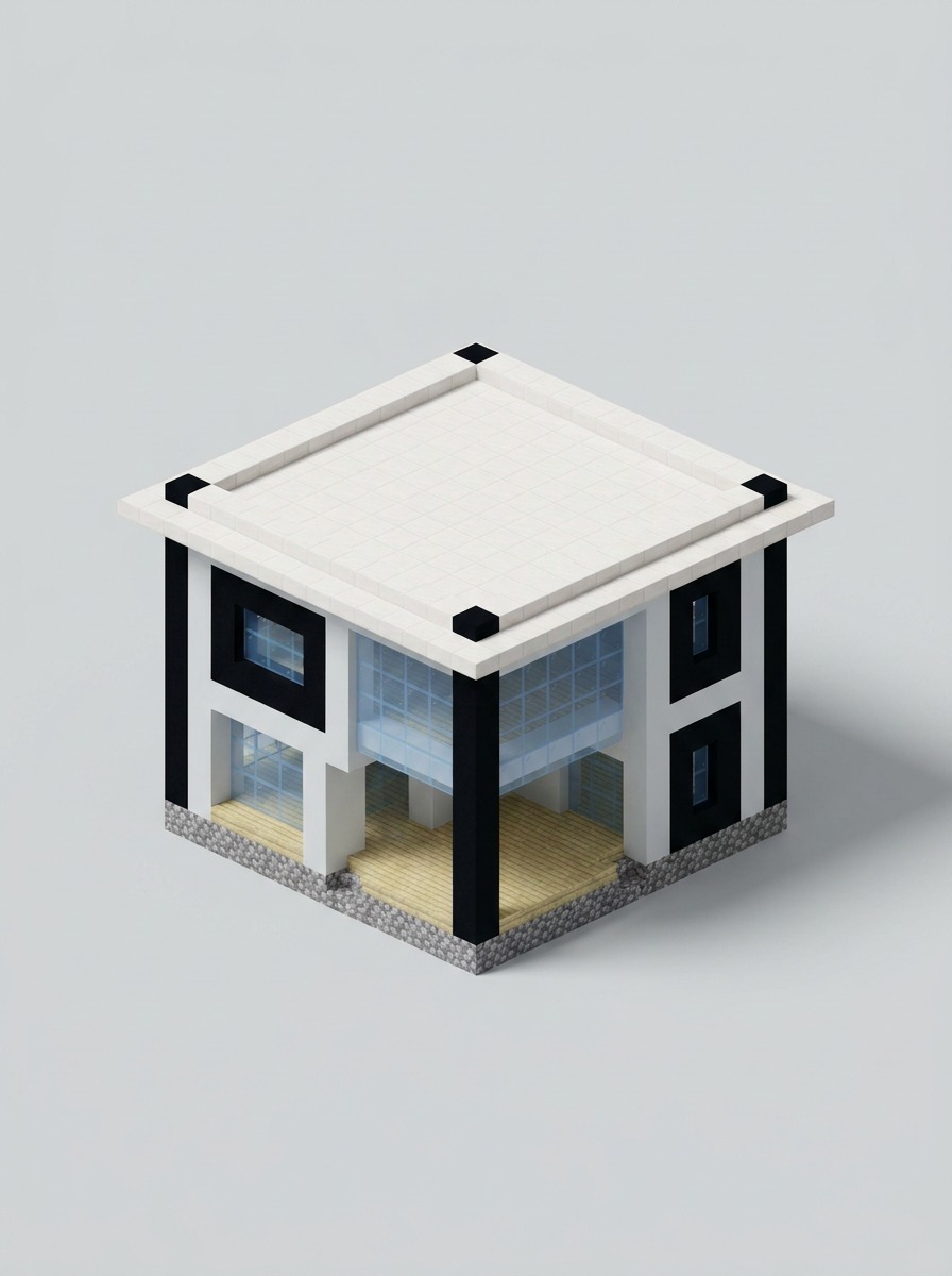Minimalist white concrete Minecraft house with black trim and large glass walls.