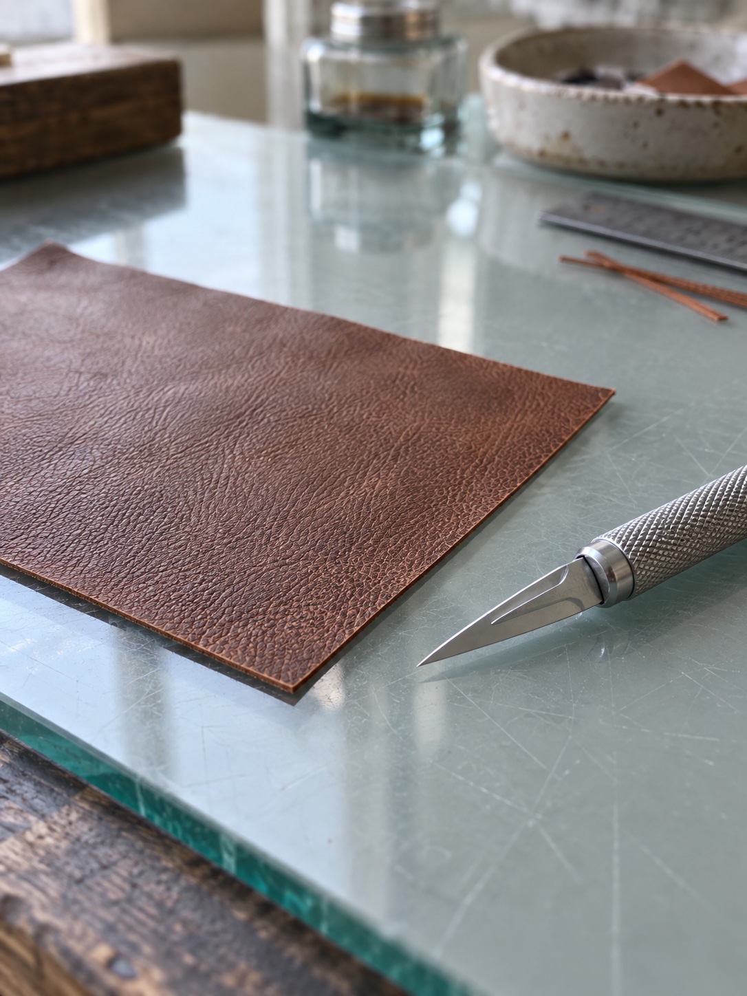 Miniature leather for model car upholstery Fine-grained miniature leather beside a scalpel on a glass cutting surface | Sky Rye Design Fine-grained miniature leather beside a scalpel on a glass cutting surface