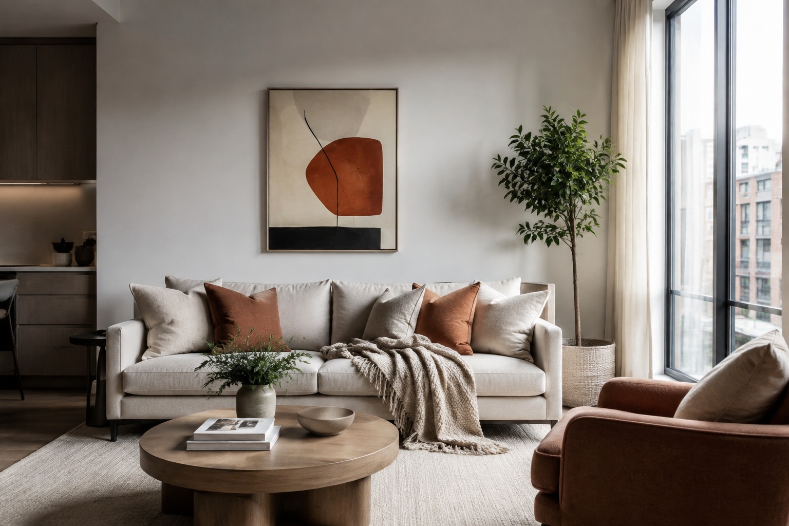 Minimalist Apartment Textiles Plant Art Minimalist apartment living room with textured throw, plant, and framed art | Sky Rye Design Minimalist apartment living room with textured throw, plant, and framed art