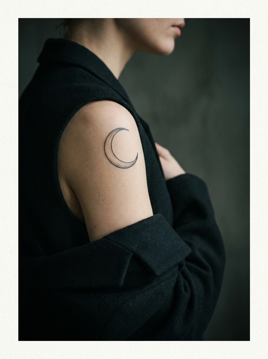 Minimalist crescent moon tattoo on the front shoulder