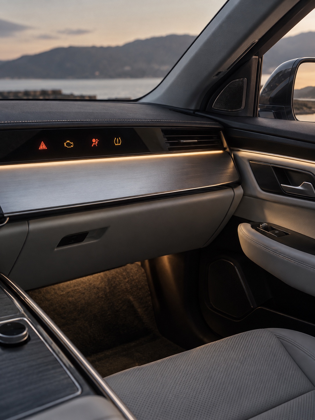 Minimalist Dashboard Warning Display Minimalist car dashboard with an integrated warning display and ambient lighting | Sky Rye Design Minimalist car dashboard with an integrated warning display and ambient lighting