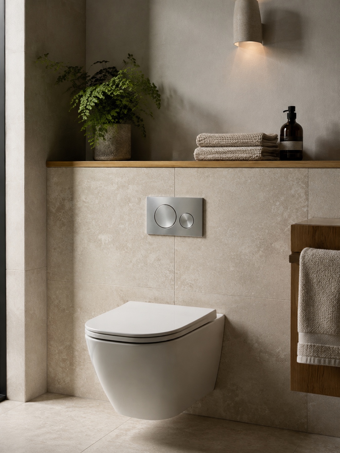 Minimalist Dual Flush Toilet Modern Bathroom Minimalist dual-flush toilet in a clean modern bathroom with soft natural light. | Sky Rye Design Minimalist dual-flush toilet in a clean modern bathroom with soft natural light.