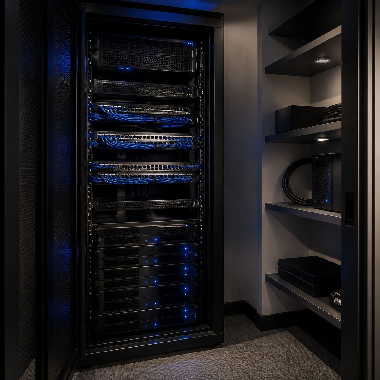 Clean network closet with organized cables and soft blue indicator lights