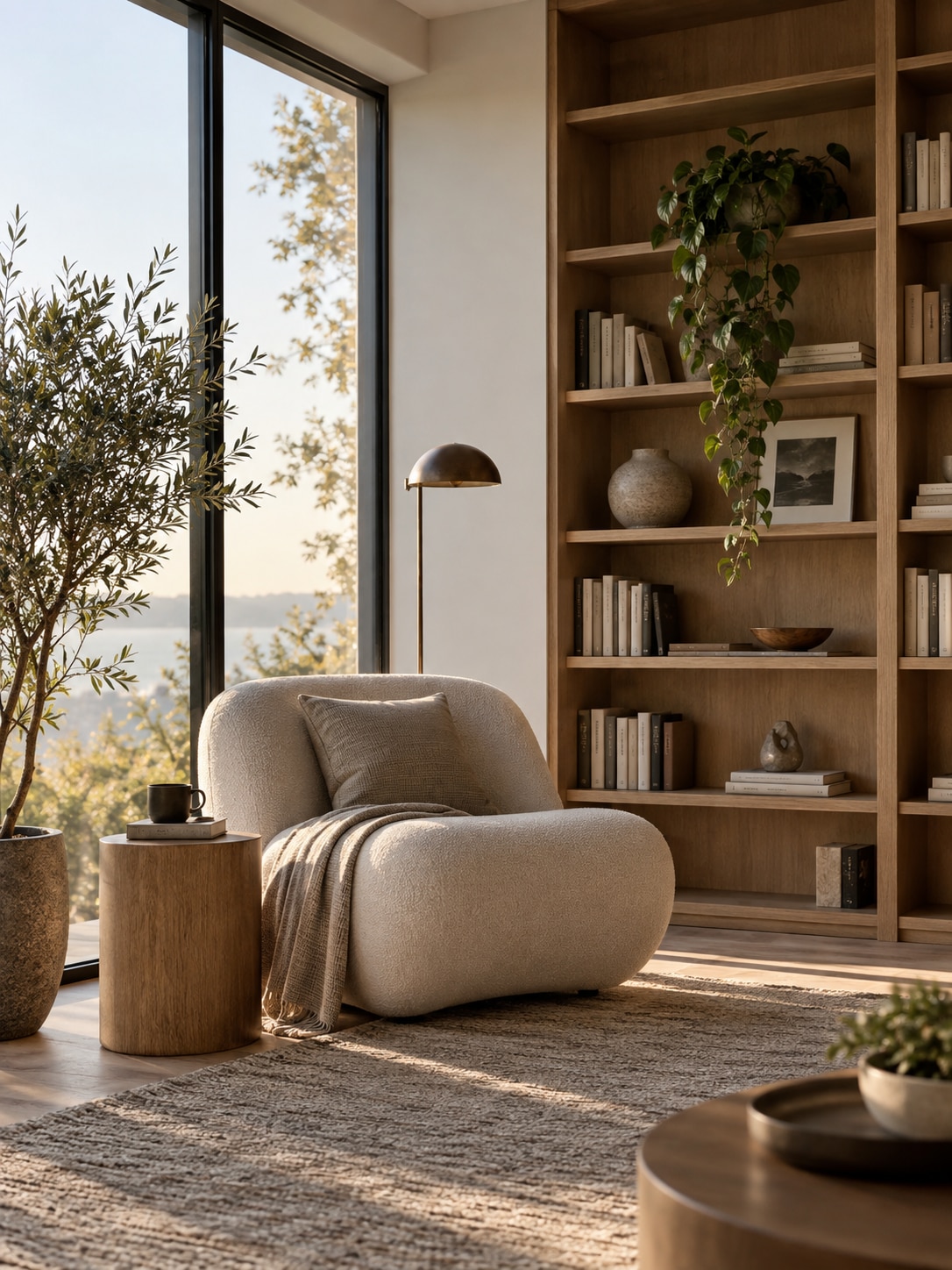 Minimalist reading corner Minimal reading corner with an oak bookshelf, linen chair and warm window light | Sky Rye Design Minimal reading corner with an oak bookshelf, linen chair and warm window light
