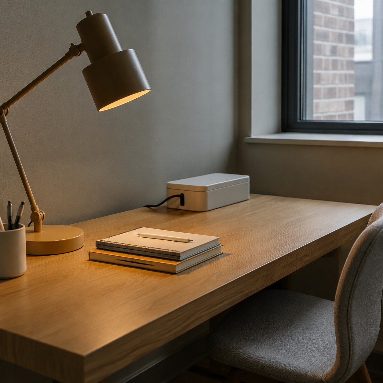 Minimalist student desk by a window Student desk placed beside a window with a lamp, notebooks, and tidy cords. | Sky Rye Design Student desk placed beside a window with a lamp, notebooks, and tidy cords.