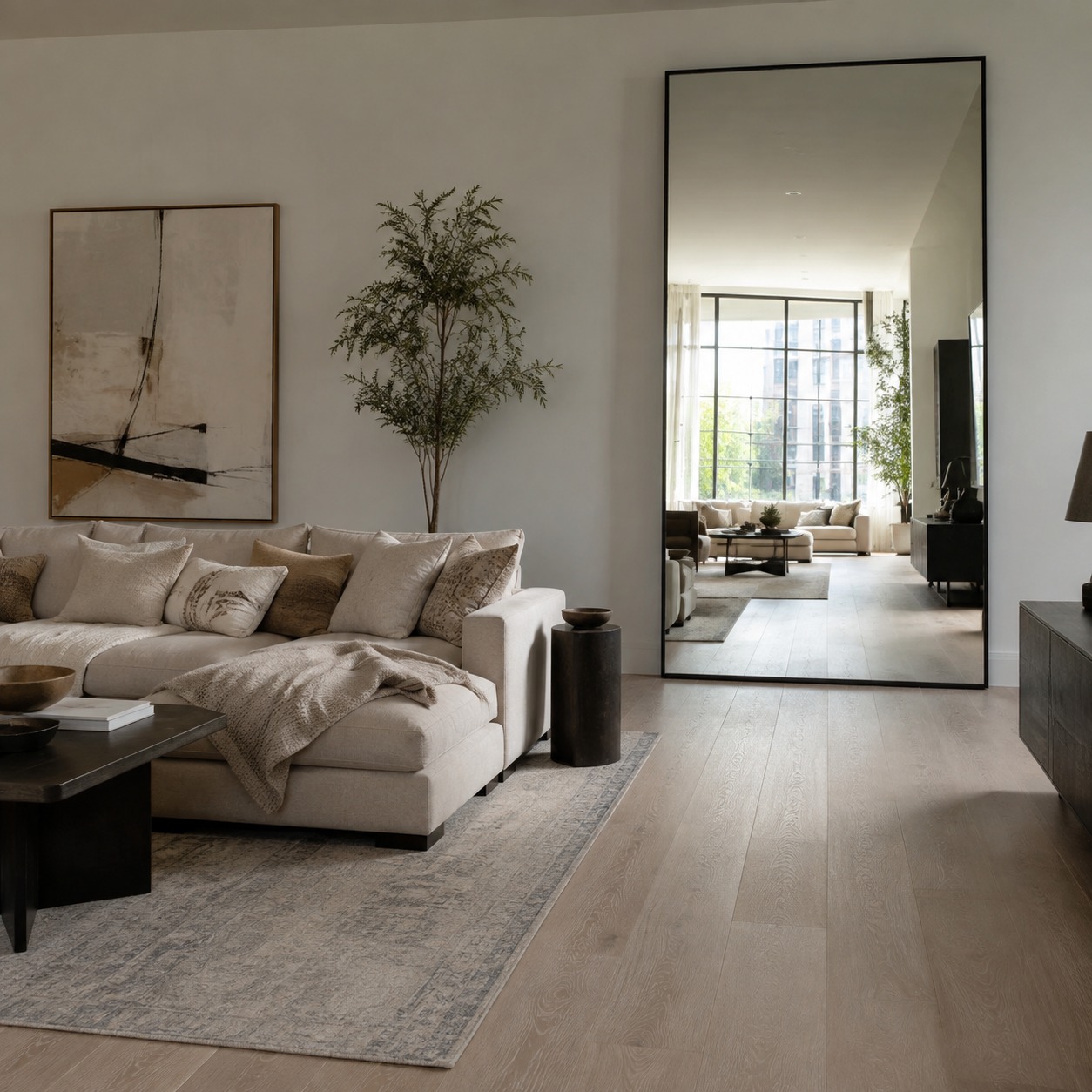 Mirror Reflecting Natural Light Apartment Large mirror reflecting daylight through a modern apartment living room | Sky Rye Design Large mirror reflecting daylight through a modern apartment living room