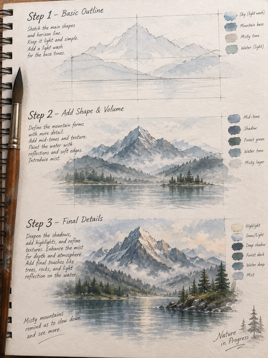 Misty Mountains Watercolor Tutorial Three-step misty mountain watercolor tutorial showing a light outline, layered atmospheric washes, lake reflections, and final shadows. | Sky Rye Design Three-step misty mountain watercolor tutorial showing a light outline, layered atmospheric washes, lake reflections, and final shadows.