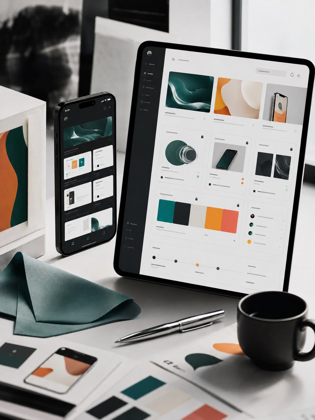 Phone and tablet screens showing an abstract mobile portal for approved brand assets and locked downloads.