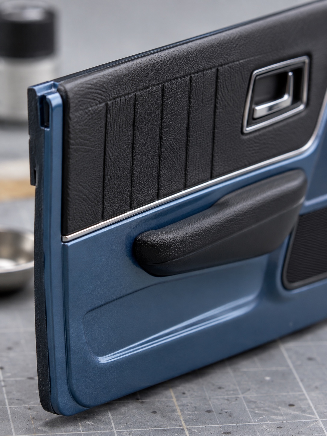 Clean upholstery edge on a model car door card Scale model door card with a clean painted transition between upholstery and plastic | Sky Rye Design Scale model door card with a clean painted transition between upholstery and plastic