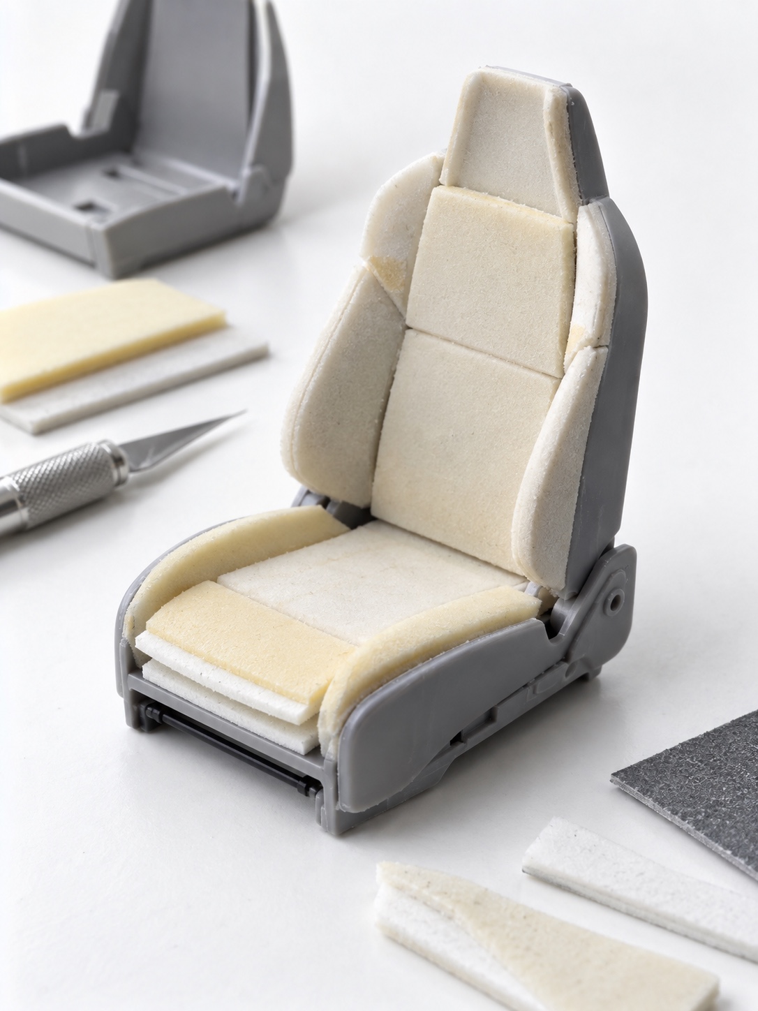 Model car seat base with scale-correct padding Partially assembled scale model car seat with thin padding layers before upholstery | Sky Rye Design Partially assembled scale model car seat with thin padding layers before upholstery