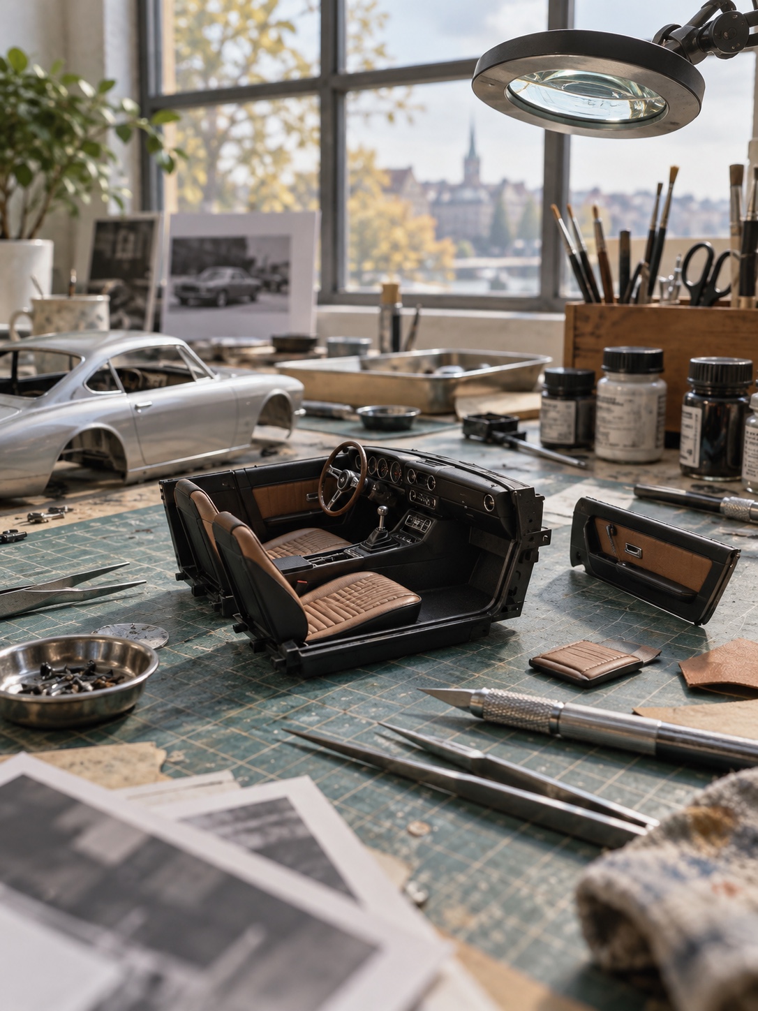 Clean modelmaking workspace with precision tools and a scale car interior in progress
